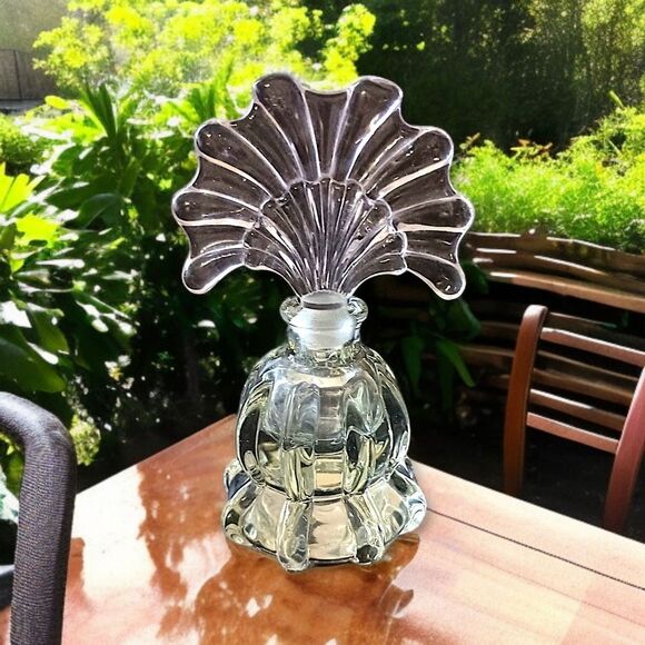 Art Deco Perfume Bottle Heavy Pressed Glass Fan Shaped Stopper Victorian FLAW - Picture 1 of 16
